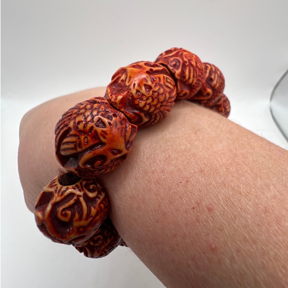 Boho Asian Dragon Carved Resin Bead Stretch Bracelet Statement Jewelry
